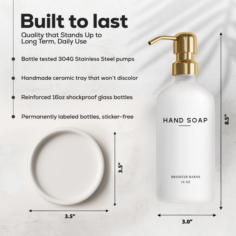Brighter Barns Luxury Glass Hand Soap Dispenser Bathroom Set by Brighter Barns - Hand Soap Dispenser with Stainless Steel Pump - Glass Bottle with Round Tray - White and Gold Bathroom Decor & Accessories (Gold) - Image 3