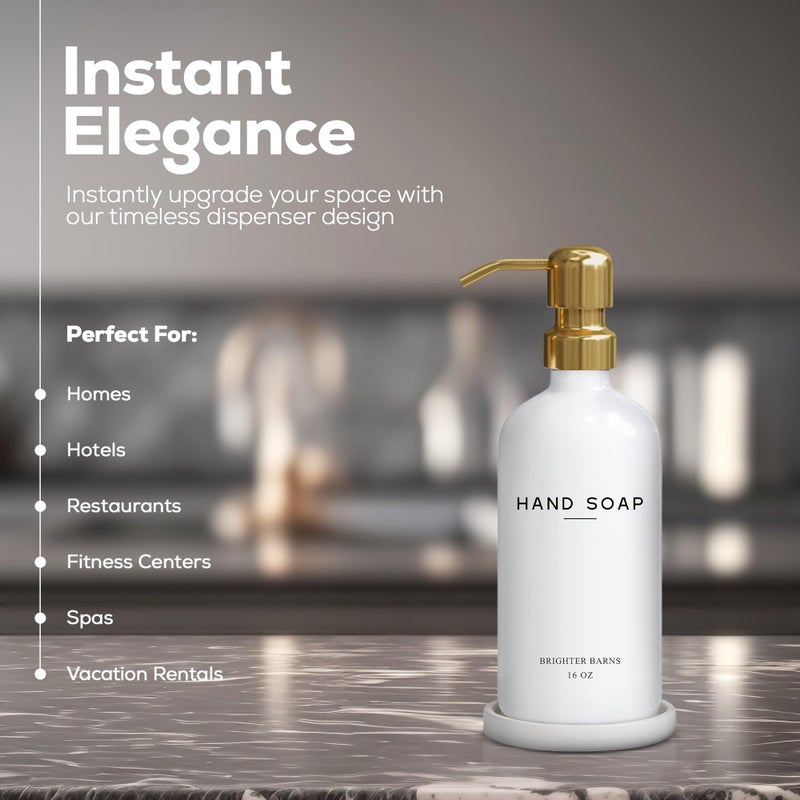 Brighter Barns Luxury Glass Hand Soap Dispenser Bathroom Set by Brighter Barns - Hand Soap Dispenser with Stainless Steel Pump - Glass Bottle with Round Tray - White and Gold Bathroom Decor & Accessories (Gold) - Image 2