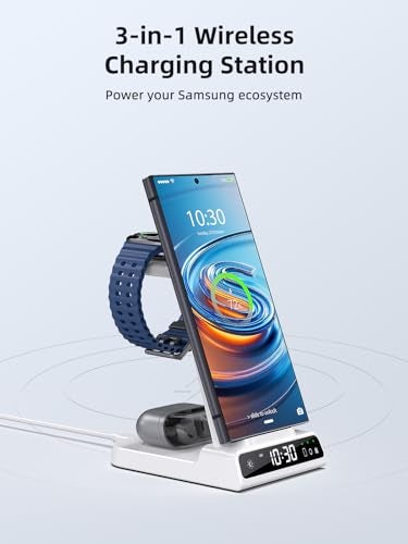 NeotrixQI Wireless Charger for Samsung Charging Station 3 in 1 Android Charging Stand with Dimmable Clock Nightstand Organizer for Galaxy S25 Ultra Galaxy Watch 8 7 6 5 4 Galaxy Buds Not for iWatch - Image 3