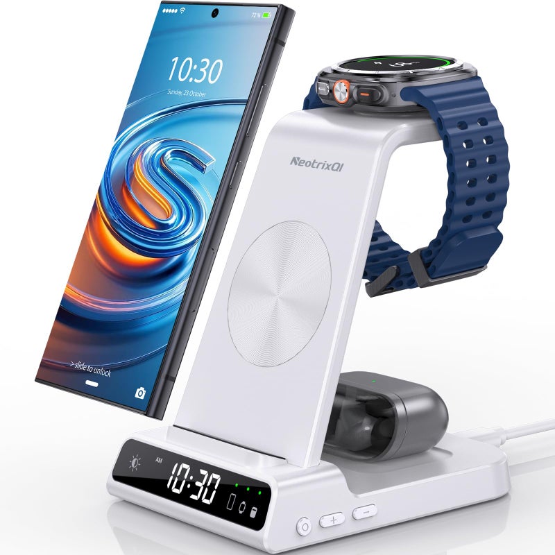 NeotrixQI Wireless Charger for Samsung Charging Station 3 in 1 Android Charging Stand with Dimmable Clock Nightstand Organizer for Galaxy S25 Ultra Galaxy Watch 8 7 6 5 4 Galaxy Buds Not for iWatch - Image 2