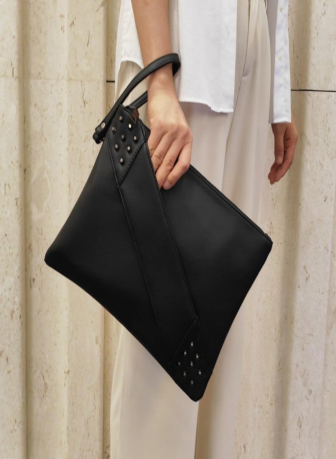 NIGEDU Fashion Women Clutches Rivet PU Leather Crossbody Bag Envelope Clutch Purse with Hand Strap (Black) - Image 3