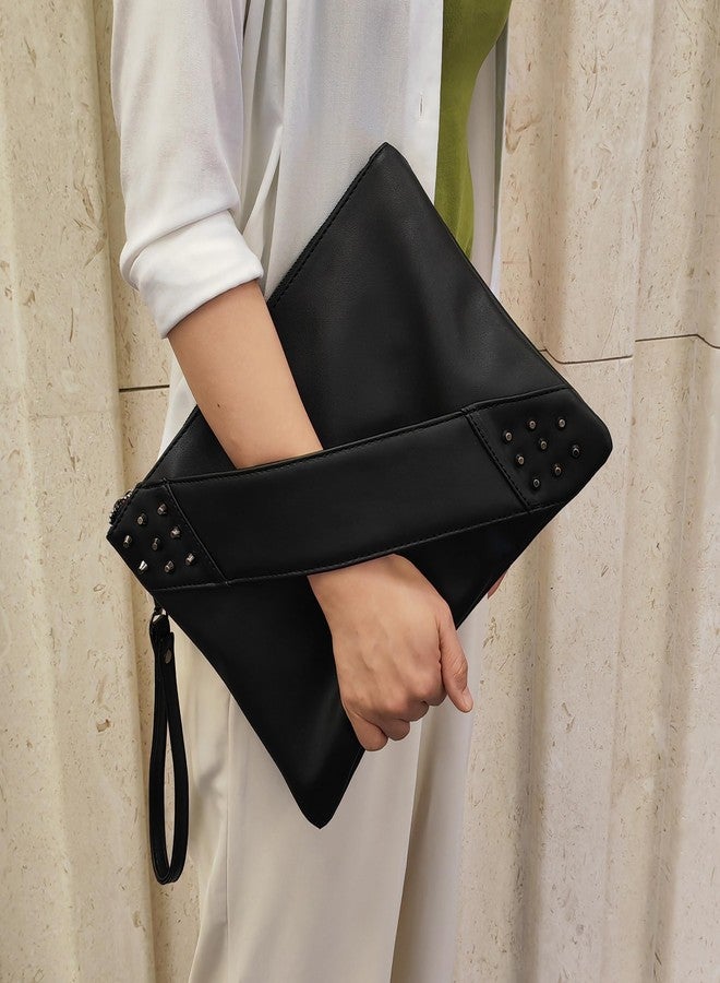 NIGEDU Fashion Women Clutches Rivet PU Leather Crossbody Bag Envelope Clutch Purse with Hand Strap (Black) - Image 2