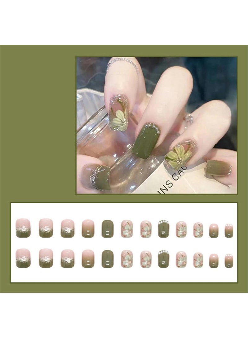 Generic 24Pcs Soft Gel Fake Nails Short Salon Like Press on Nails Short  No Fade Out Seamless Glue on Nails for Woman Nail The Middle East Girl (green) - Image 2