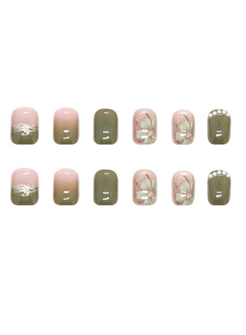 Generic 24Pcs Soft Gel Fake Nails Short Salon Like Press on Nails Short  No Fade Out Seamless Glue on Nails for Woman Nail The Middle East Girl (green) - Image 4