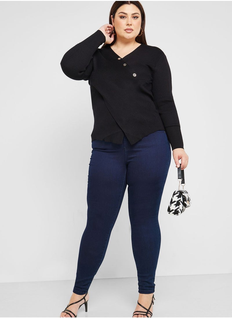 Ella Plus - Asymmetrical Button Detail Sweater - Image 1