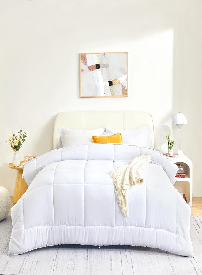 SLEEP ZONE مجموعة لحاف كينج سايز من سليب زون، إدخال لحاف بديل للريش، لحاف قابل للعكس، خفيف الوزن، ناعم وقابل للتنفس لجميع الفصول، تصميم مربع باللون الأبيض - Image 1