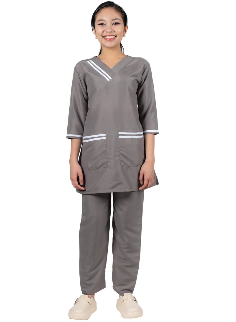 طقم زي خادمة منزلية/خادمة/مربية محترفة، سترة بأكمام ثلاثة أرباع وحواف بيضاء، مع بنطال مطابق