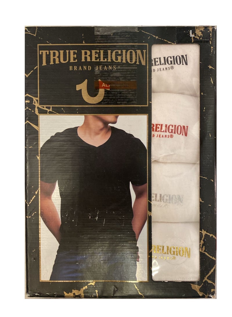 TRUE RELIGION V Neck 4-Pack Men's Sz L Premium Cotton -  Logo T Shirt  Whites  - Image 1