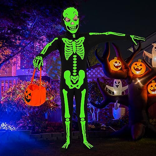 FAYBOX Skeleton Costume Glow in The Dark for Kids Toddler, Halloween Fortnite Onesie for Boy Girls with Pumpkin Candy Bag(5-7) - Image 2
