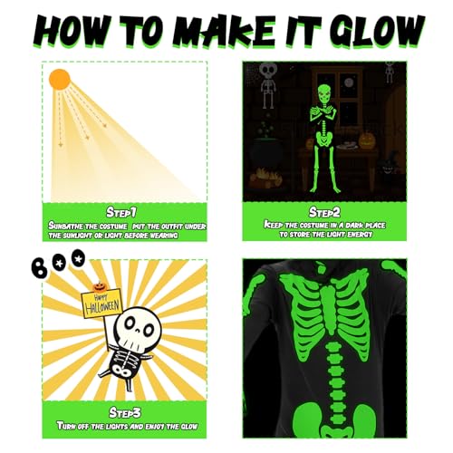 FAYBOX Skeleton Costume Glow in The Dark for Kids Toddler, Halloween Fortnite Onesie for Boy Girls with Pumpkin Candy Bag(5-7) - Image 4