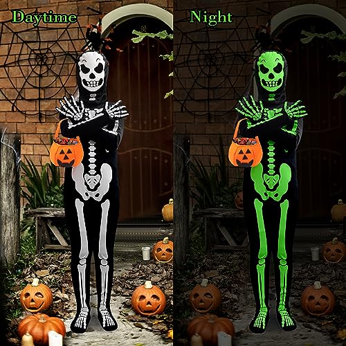 FAYBOX Skeleton Costume Glow in The Dark for Kids Toddler, Halloween Fortnite Onesie for Boy Girls with Pumpkin Candy Bag(5-7) - Image 3