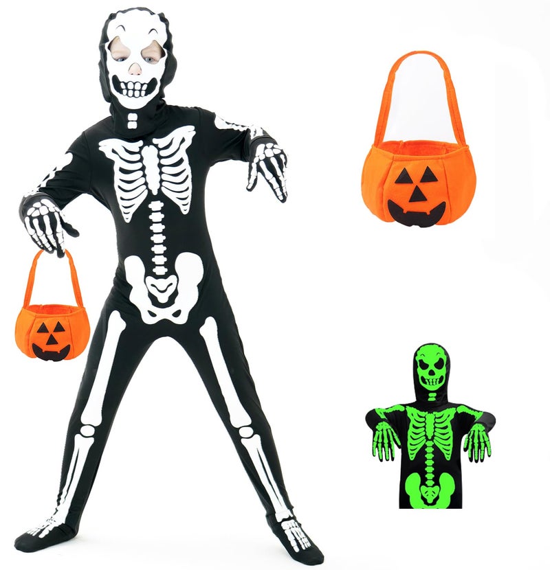 FAYBOX Skeleton Costume Glow in The Dark for Kids Toddler, Halloween Fortnite Onesie for Boy Girls with Pumpkin Candy Bag(5-7) - Image 1