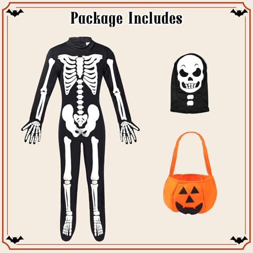 FAYBOX Skeleton Costume Glow in The Dark for Kids Toddler, Halloween Fortnite Onesie for Boy Girls with Pumpkin Candy Bag(5-7) - Image 5