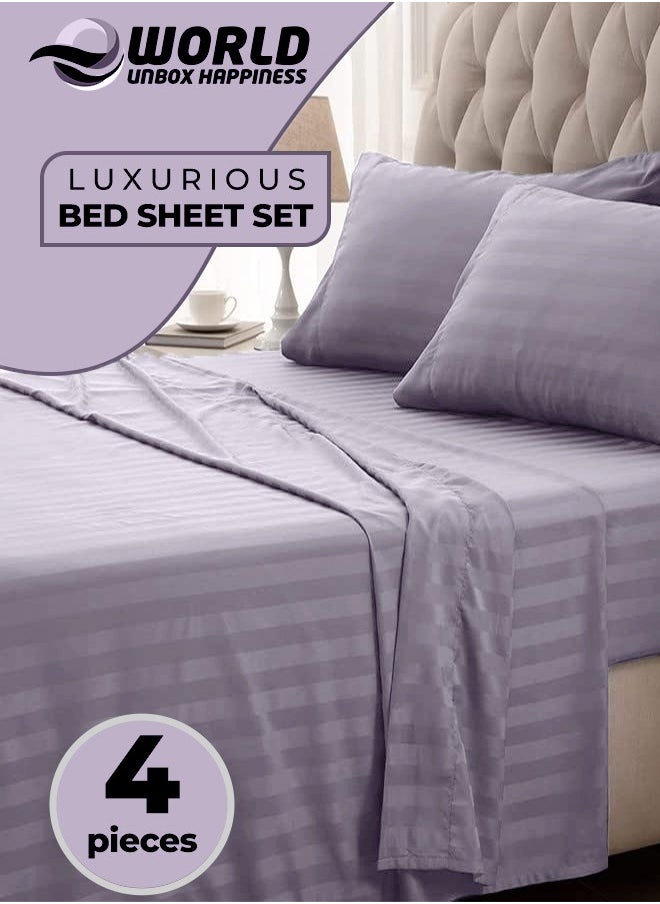 Eworld 4-Piece Luxury King Size Purple Striped Bedding Set Includes 1 Duvet Cover (220x240cm), 1 Fitted Bed Sheet (200x200+30cm), and 2 Pillow Cases (48x74+5cm) for Ultimate Hotel-Inspired Sophistication  - Image 1
