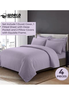 Eworld 4-Piece Luxury King Size Purple Striped Bedding Set Includes 1 Duvet Cover (220x240cm), 1 Fitted Bed Sheet (200x200+30cm), and 2 Pillow Cases (48x74+5cm) for Ultimate Hotel-Inspired Sophistication  - Image 4