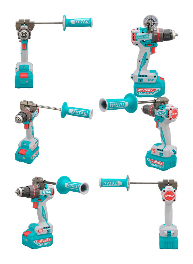 توتال مجموعة مثقاب صدمي لاسلكي بدون فرشات من توتال 42V (عزم دوران أقصى 99 نيوتن متر) - ظرف معدني 13 مم، مثقاب مطرقي بسرعتين مع بطاريتين سعة 2.0 أمبير/ساعة، شاحن، ومجموعة ملحقات مكونة من 15 قطعة في حقيبة حمل - TIDLI429982 - Image 4