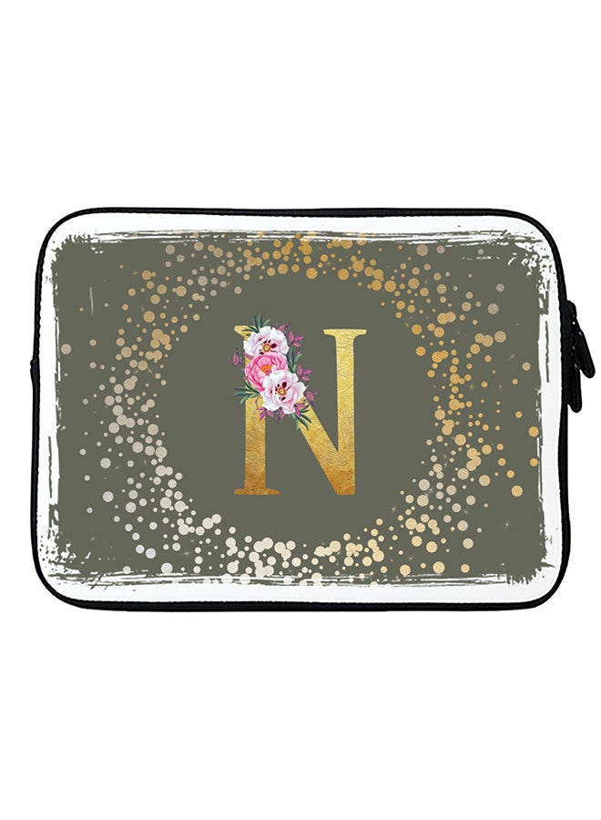 Stylizedd Laptop Sleeve Bag for Macbook 13, 14, 15, 16 inch- Custom Monogram Initial Letter Floral Pattern Alphabet - N  (Olive Green) - Image 1