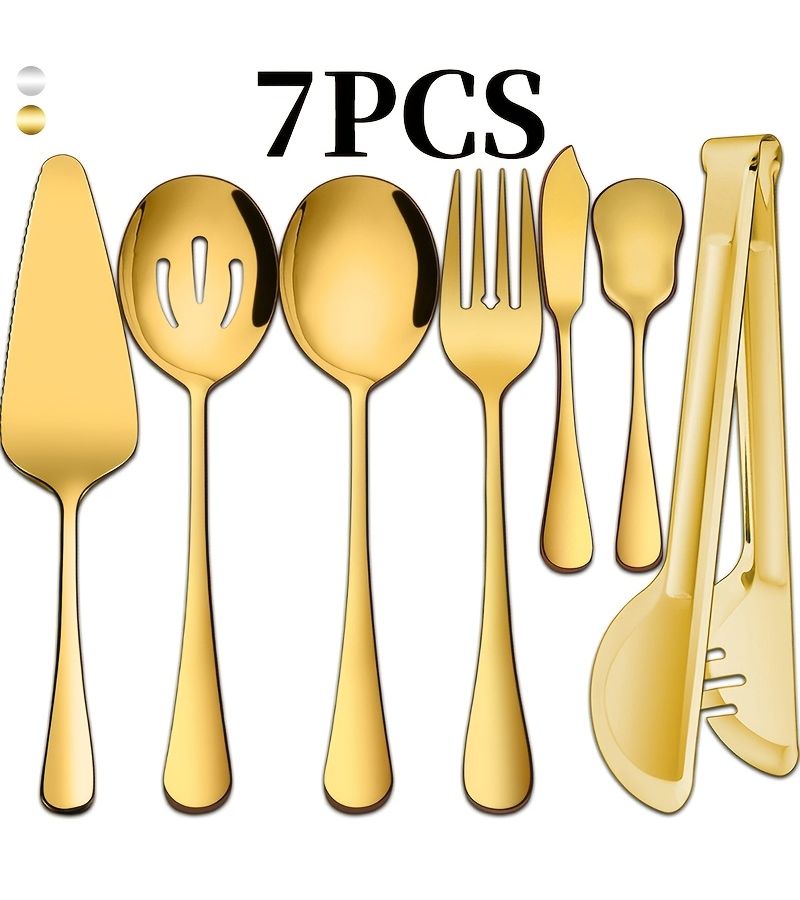 7 Piece Noble Golden Stainless Steel Buffet Serving Set With Cake Server Spoon - Image 1