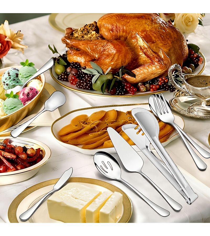 7 Piece Noble Golden Stainless Steel Buffet Serving Set With Cake Server Spoon - Image 2