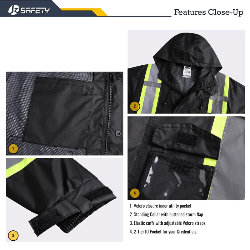 JKSafety Hi-Vis Reflective Safety Rain Jacket and Pants for Men Women Waterproof Rain Gears for Farming Fishing Work HV Rain Suit with Inner Mesh Lining and Pockets (117-Black XL) - Image 4