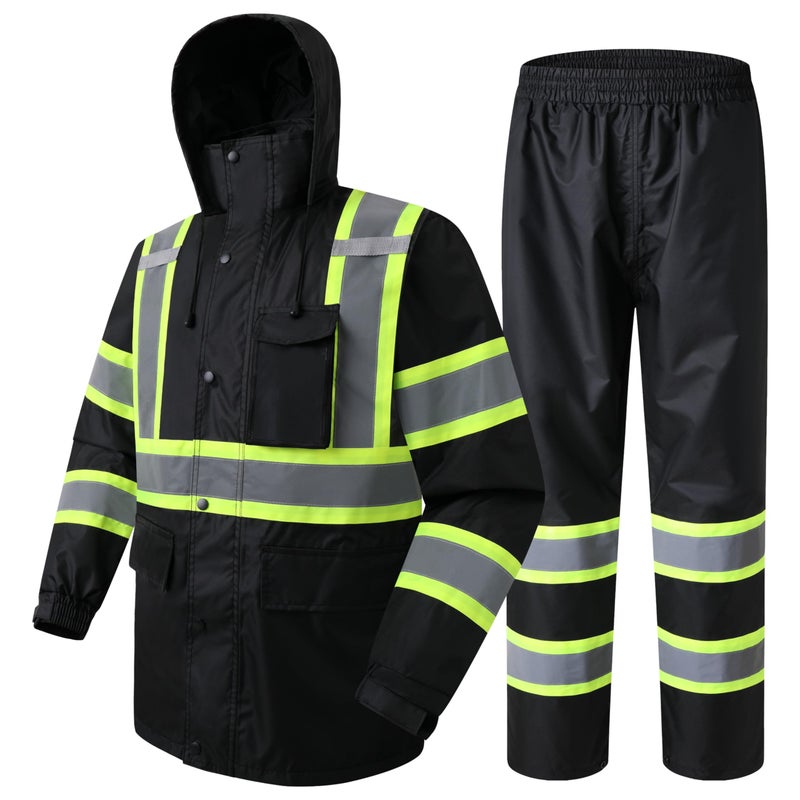 JKSafety Hi-Vis Reflective Safety Rain Jacket and Pants for Men Women Waterproof Rain Gears for Farming Fishing Work HV Rain Suit with Inner Mesh Lining and Pockets (117-Black XL) - Image 1