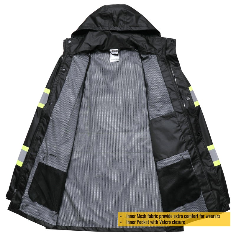 JKSafety Hi-Vis Reflective Safety Rain Jacket and Pants for Men Women Waterproof Rain Gears for Farming Fishing Work HV Rain Suit with Inner Mesh Lining and Pockets (117-Black XL) - Image 3