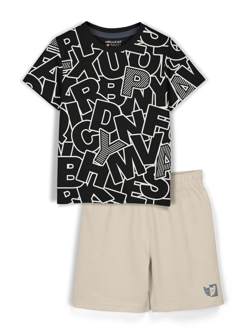 HELLCAT Cotton Blend Boys Dress Clothing Set Combo with Tshirts & Shorts - Pack 1 Black3 9-10 Years, Printed - Image 1