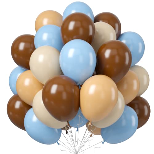 Teslite Blue and Brown Balloons 60 PCS Pastel Macaron Blue White Sand Nude Brown Latex Balloons Set Light Baby Blue Cream Beige Apricot Coffee Party Balloon for Teddy Bear Birthday Baby Shower Decorations - Image 1