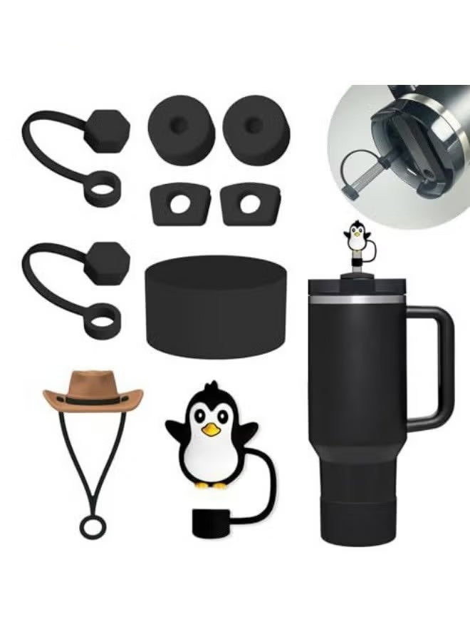 Stanley Cup Accessories Set Including 6 Pcs Silicone Spill Proof Stopper, 2 Pcs Straw Cover Cap for 9-10 mm Straws, 1 Pcs Silicone Boot for Stanley Cup Stanley 40oz & 30oz Tumbler (BLACK) - Image 1