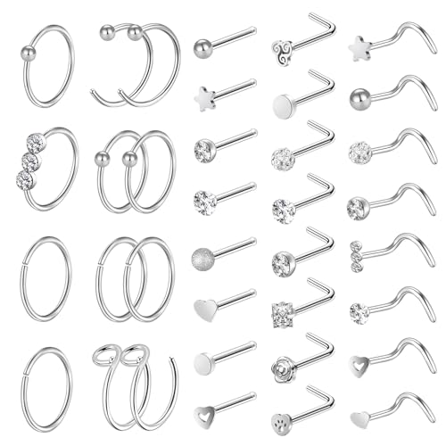 ONESING 36PCS Nose Rings for Women: 20G Stainless Steel Hoops & Studs - Modern Hoop & Stud Design - Silver - Image 1