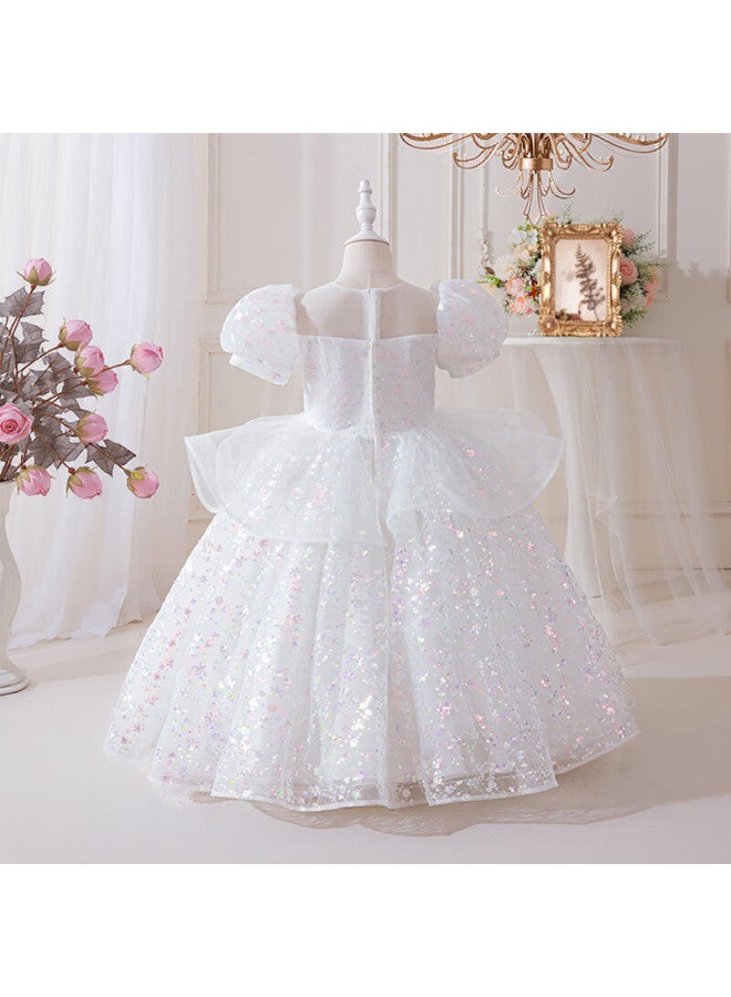 Luobobeibei Children'S Princess Dress Summer Performance Costume Puff Skirt Kids White Mesh Dress White 130 - Image 2