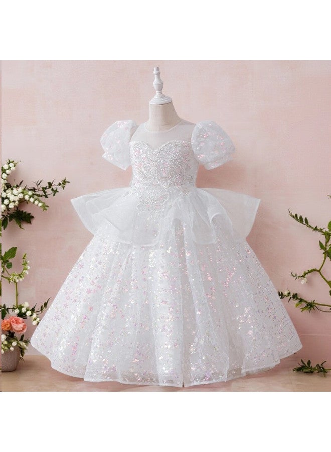Luobobeibei Children'S Princess Dress Summer Performance Costume Puff Skirt Kids White Mesh Dress White 130 - Image 3
