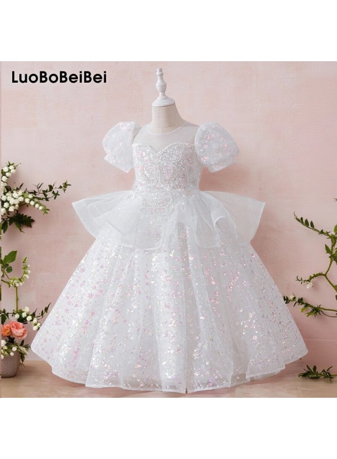 Luobobeibei Children'S Princess Dress Summer Performance Costume Puff Skirt Kids White Mesh Dress White 130 - Image 1