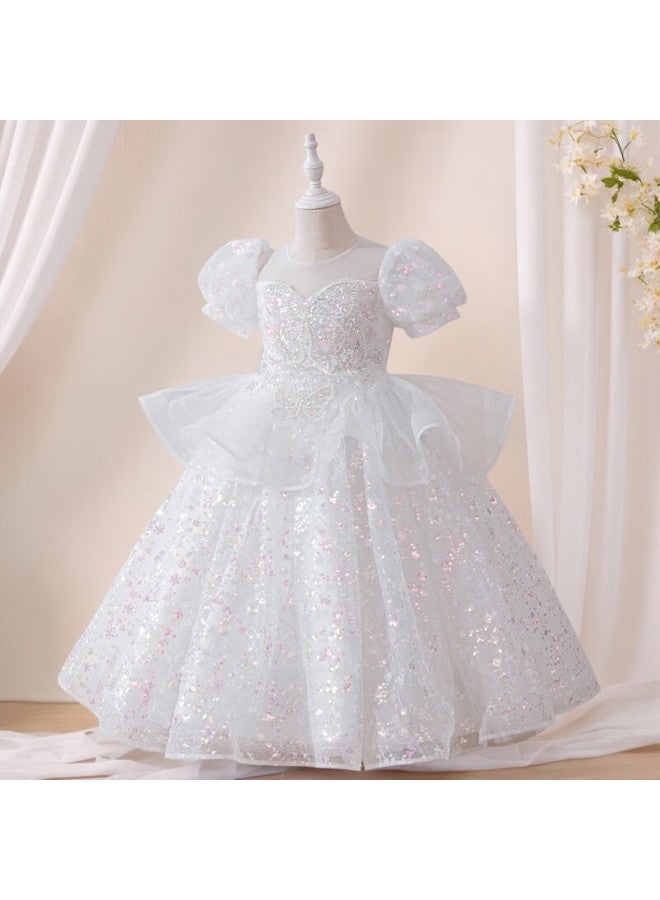 Luobobeibei Children'S Princess Dress Summer Performance Costume Puff Skirt Kids White Mesh Dress White 130 - Image 4