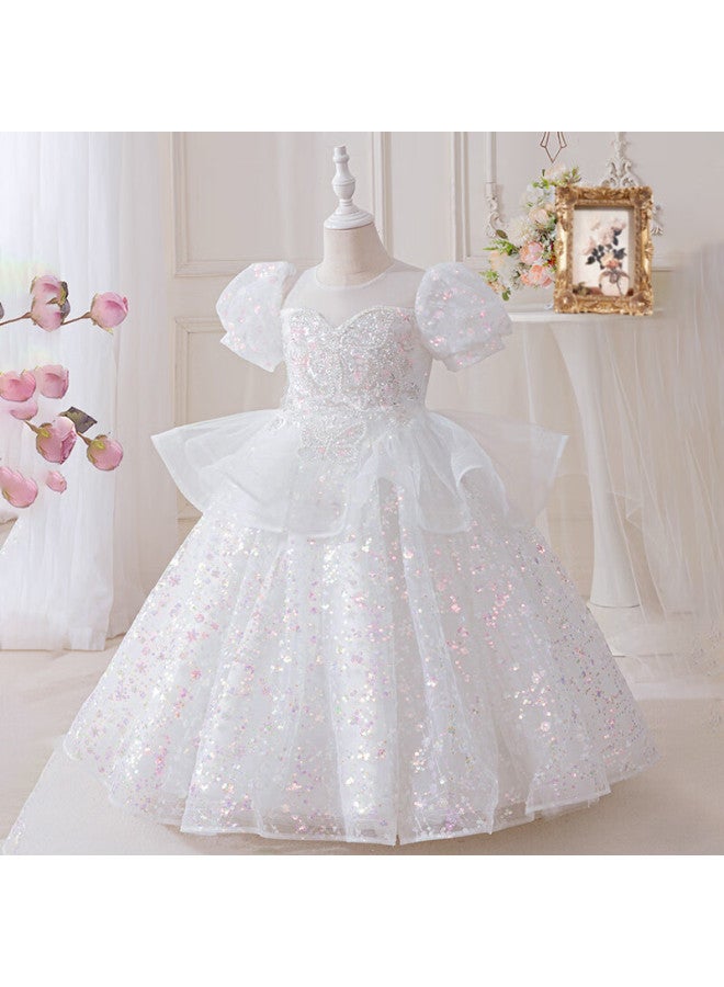 Luobobeibei Children'S Princess Dress Summer Performance Costume Puff Skirt Kids White Mesh Dress White 130 - Image 5