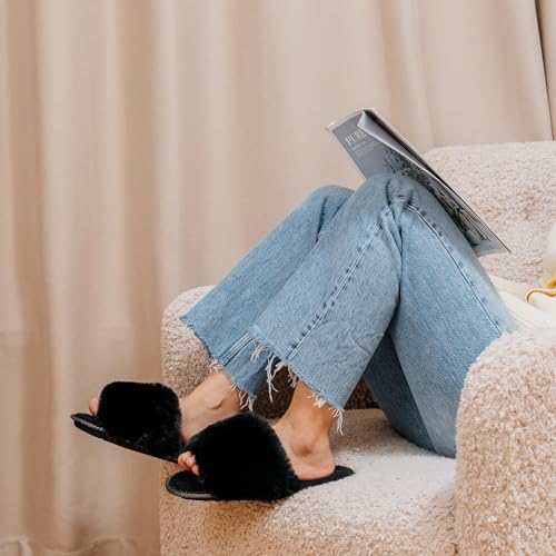 LongBay Women's Open Toe Slippers Fuzzy Fluffy Memory Foam Comfy Slip On Indoor Bedroom Home Slide (Medium / 7-8, Black) - Image 2