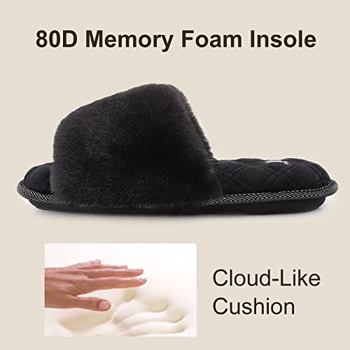 LongBay Women's Open Toe Slippers Fuzzy Fluffy Memory Foam Comfy Slip On Indoor Bedroom Home Slide (Medium / 7-8, Black) - Image 4