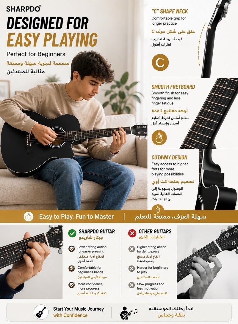 Sharpdo 38 Inch Acoustic Guitar for Beginners, Black Cutaway Guitar with Gig Bag, Tuner, Picks, Extra Strings & Strap, for Adults, Teens, Kids, Home Practice, Music Lessons & Birthday Gift - Image 4