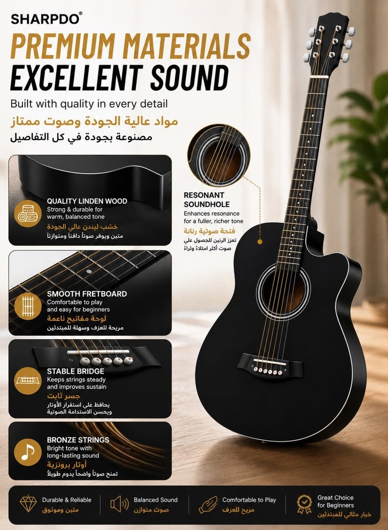 Sharpdo 38 Inch Acoustic Guitar for Beginners, Black Cutaway Guitar with Gig Bag, Tuner, Picks, Extra Strings & Strap, for Adults, Teens, Kids, Home Practice, Music Lessons & Birthday Gift - Image 2