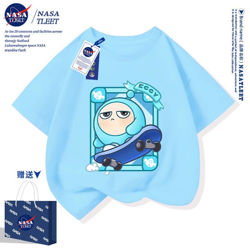 Nasa Joint New Boys And Girls All-Match Short-Sleeved Summer Cartoon Game Egg Party Egg Blue Cotton T-Shirt - Image 3