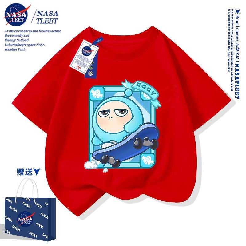 Nasa Joint New Boys And Girls All-Match Short-Sleeved Summer Cartoon Game Egg Party Egg Blue Cotton T-Shirt - Image 1