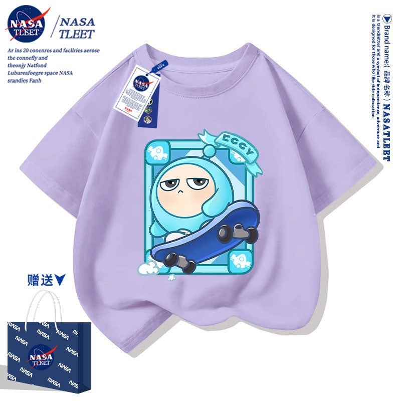 Nasa Joint New Boys And Girls All-Match Short-Sleeved Summer Cartoon Game Egg Party Egg Blue Cotton T-Shirt - Image 5