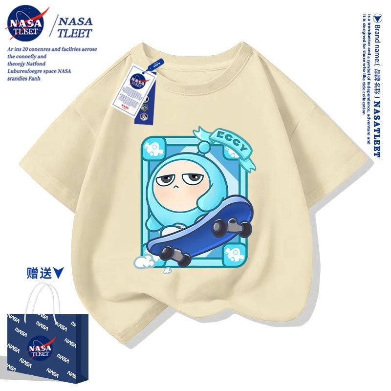 Nasa Joint New Boys And Girls All-Match Short-Sleeved Summer Cartoon Game Egg Party Egg Blue Cotton T-Shirt - Image 4