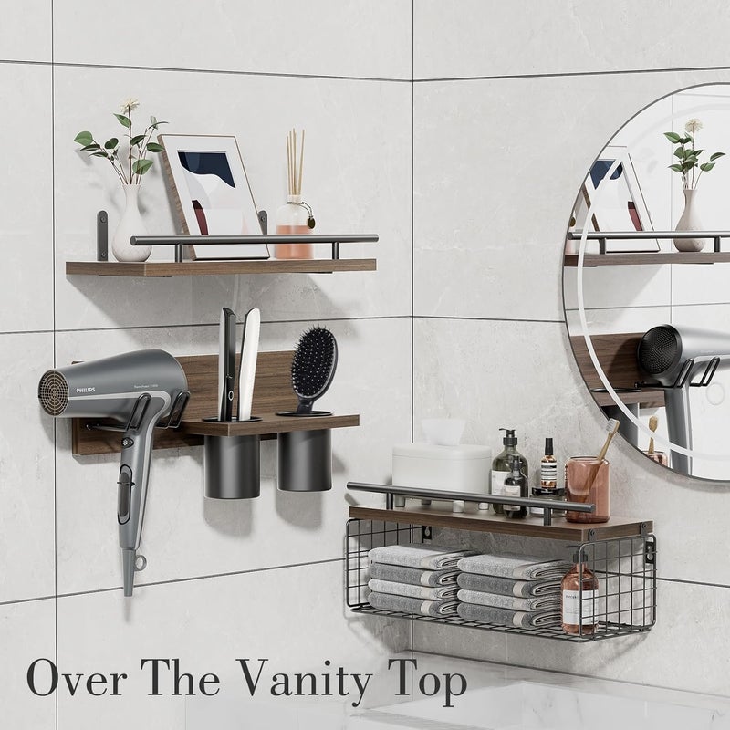 RoleDes Bathroom Floating Shelves with Hair Dryer Holder - Wall Mounted Wood Wall Shelf with Blow Dryer Storage Over The Toilet - Set of 3 Rustic Brown Farmhouse Decor - Image 4