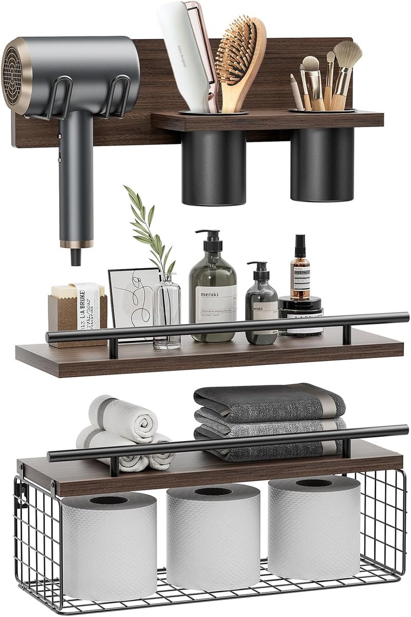 RoleDes Bathroom Floating Shelves with Hair Dryer Holder - Wall Mounted Wood Wall Shelf with Blow Dryer Storage Over The Toilet - Set of 3 Rustic Brown Farmhouse Decor - Image 1