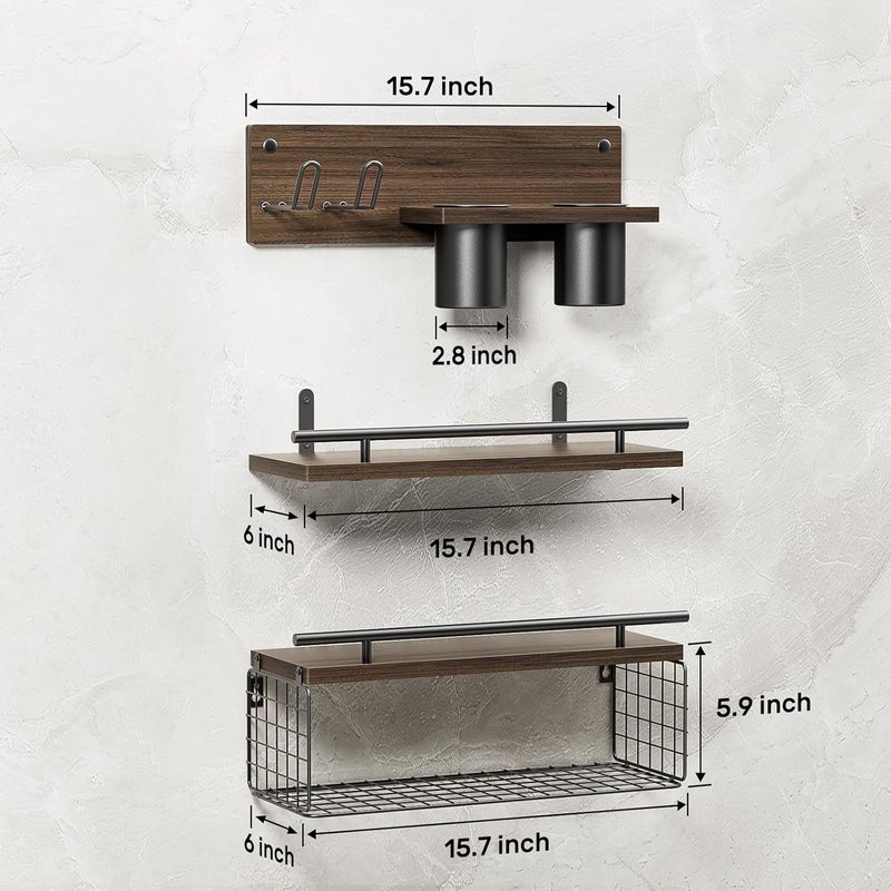 RoleDes Bathroom Floating Shelves with Hair Dryer Holder - Wall Mounted Wood Wall Shelf with Blow Dryer Storage Over The Toilet - Set of 3 Rustic Brown Farmhouse Decor - Image 2