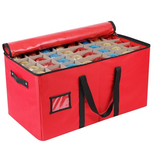 Lambada Christmas Ornament Storage Box Durable Christmas Storage Container with Adjustable Dividers Xmas Decorations Organizer Fits 128 Holiday Ornaments 3 inch TearProof Fabric Red