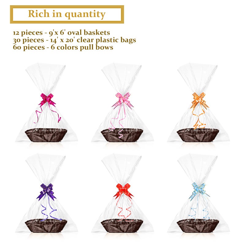 Jetec 12 قطعة سلة طعام بيضاوية لتخزين الطعام سلة فارغة سلة فواكه سلال هدايا مع 60 قوس ملون و 30 كيس هدايا شفاف للمطبخ والمطعم (بني داكن 9 × 6 × 2.24 بوصة) - Image 5