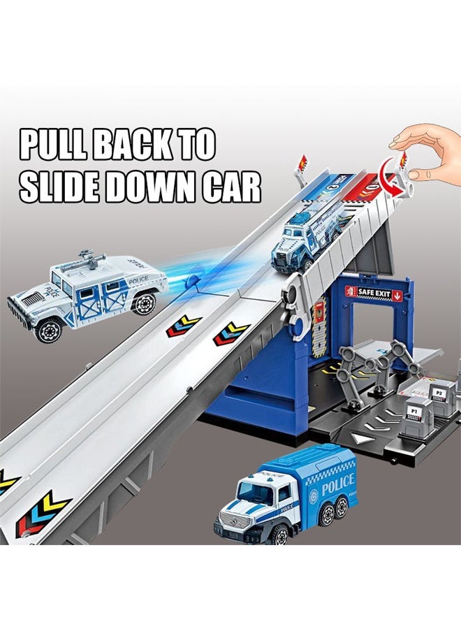 Die-Cast Vehicles, Storage & Ejection Competitive Track Parking Lot, Race Car Track Toy Truck Set with Foldable Race Tracks, Transport Car Carrier for Toddlers, Cars Toy Set Container Truck with 4 Alloy Cars, Vehicles Toy Set for 3+ Kids Boys & Girls  - Image 4