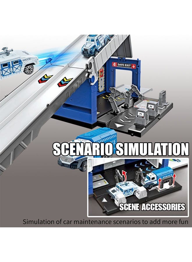Die-Cast Vehicles, Storage & Ejection Competitive Track Parking Lot, Race Car Track Toy Truck Set with Foldable Race Tracks, Transport Car Carrier for Toddlers, Cars Toy Set Container Truck with 4 Alloy Cars, Vehicles Toy Set for 3+ Kids Boys & Girls  - Image 5